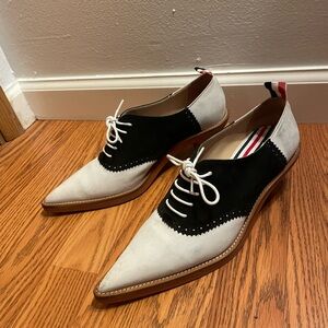 Thom Browne Black and White Kitten Heel Pointed Toe Brogues Derbies Sz 37 Size 7